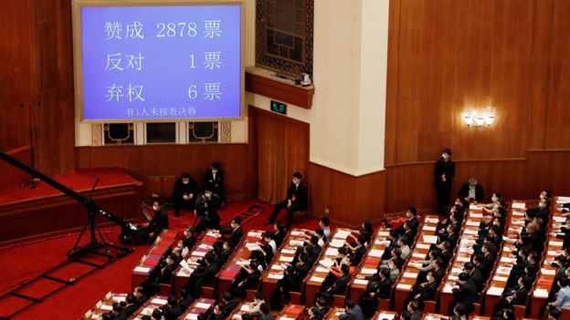 中国人大以2878票赞成、1票反对、6票弃权、1人未有按键下,通过香港《国安法》决定草案。