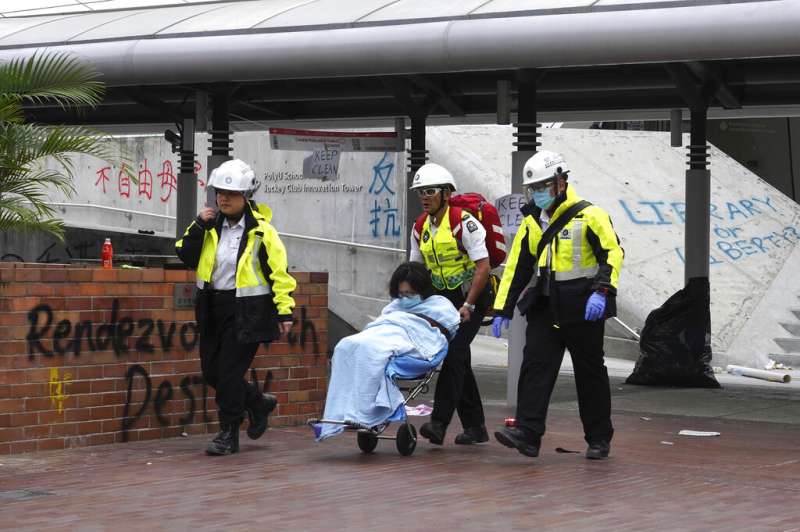 2019年11月20日在香港香港理工大學內的學生被送往就醫。（AP）