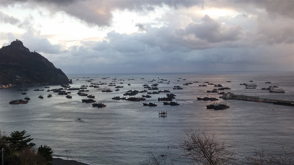 眾多中國雙拖網漁船在位於南韓水域的鬱陵島靠港。（非法海洋計畫提供）