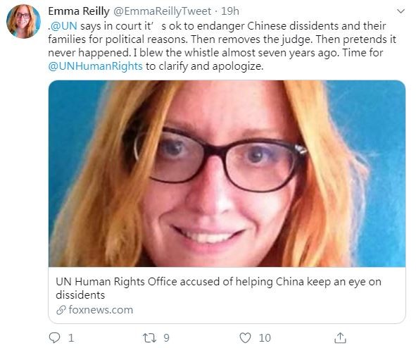 一位聯合國前雇員萊莉10月曾向美國高階外交官與國會議員指控,聯合國人權事務高級專員辦事處從2013年開始,持續為中國提供受中共迫害人士,如西藏、新疆維吾爾族的出席名單,以此討好中國當局。(圖擷取自Twitter「Emma Reilly」)