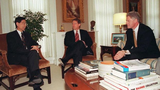 US President Bill Clinton (R) and Vice President Al Gore (C) listen to Martin Lee (L) leader of Hong Kong's Democratic Party during meetings in the Old Executive Office Building in Washington 18 April 1997. Lee is in Washington seeking US support on Hong Kong issues before it reverts to the control of the Peolple's Republic of China 01 July.
